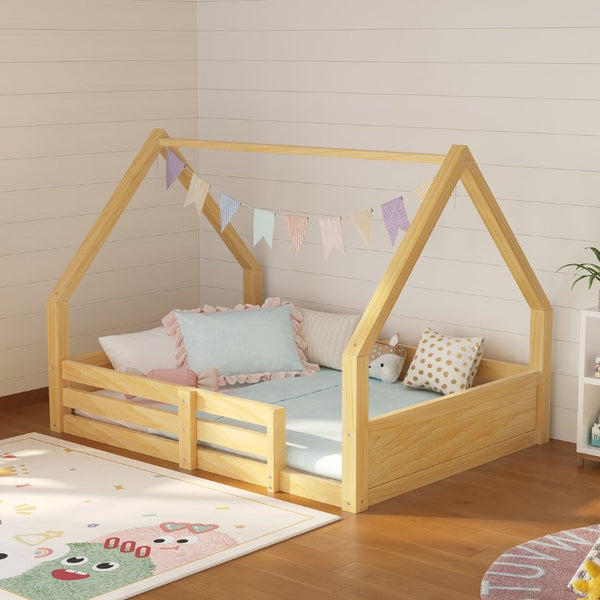 English Elm Twin Size House Bed Wood Floor Frame with Gable Roof Guardrails Grooved Panel Natural Twin N709P430696N