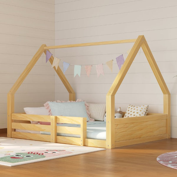 English Elm Twin Size House Bed Wood Floor Frame with Gable Roof Guardrails Grooved Panel Natural Twin N709P430696N