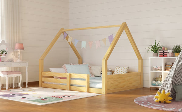 English Elm Twin Size House Bed Wood Floor Frame with Gable Roof Guardrails Grooved Panel Natural Twin N709P430696N