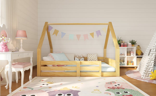 English Elm Twin Size House Bed Wood Floor Frame with Gable Roof Guardrails Grooved Panel Natural Twin N709P430696N