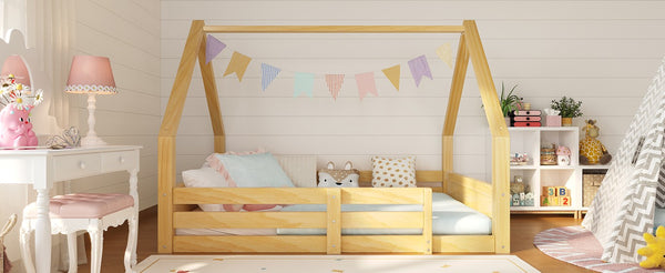 English Elm Twin Size House Bed Wood Floor Frame with Gable Roof Guardrails Grooved Panel Natural Twin N709P430696N