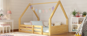 English Elm Twin Size House Bed Wood Floor Frame with Gable Roof Guardrails Grooved Panel Natural Twin N709P430696N