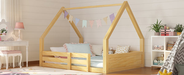 English Elm Twin Size House Bed Wood Floor Frame with Gable Roof Guardrails Grooved Panel Natural Twin N709P430696N