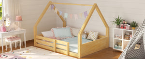 English Elm Twin Size House Bed Wood Floor Frame with Gable Roof Guardrails Grooved Panel Natural Twin N709P430696N