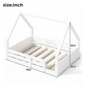English Elm Twin Size House Bed Wood Floor Frame with Gable Roof Guardrails Grooved Panel White Full N709P430698K