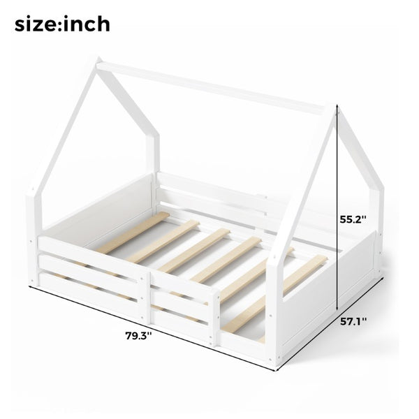 English Elm Twin Size House Bed Wood Floor Frame with Gable Roof Guardrails Grooved Panel White Full N709P430698K