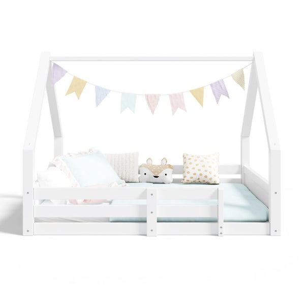 English Elm Twin Size House Bed Wood Floor Frame with Gable Roof Guardrails Grooved Panel White Full N709P430698K