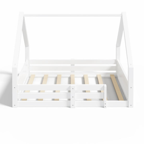 English Elm Twin Size House Bed Wood Floor Frame with Gable Roof Guardrails Grooved Panel White Full N709P430698K