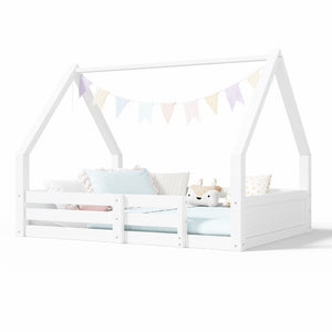 English Elm Twin Size House Bed Wood Floor Frame with Gable Roof Guardrails Grooved Panel White Full N709P430698K