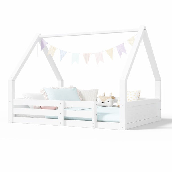 English Elm Twin Size House Bed Wood Floor Frame with Gable Roof Guardrails Grooved Panel White Full N709P430698K