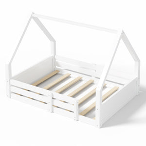 English Elm Twin Size House Bed Wood Floor Frame with Gable Roof Guardrails Grooved Panel White Full N709P430698K