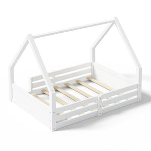 English Elm Twin Size House Bed Wood Floor Frame with Gable Roof Guardrails Grooved Panel White Full N709P430698K