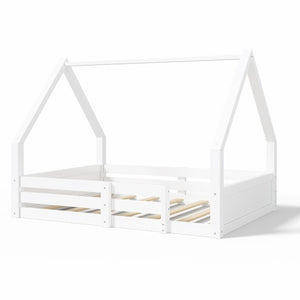 English Elm Twin Size House Bed Wood Floor Frame with Gable Roof Guardrails Grooved Panel White Full N709P430698K