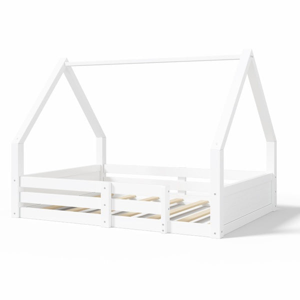 English Elm Twin Size House Bed Wood Floor Frame with Gable Roof Guardrails Grooved Panel White Full N709P430698K