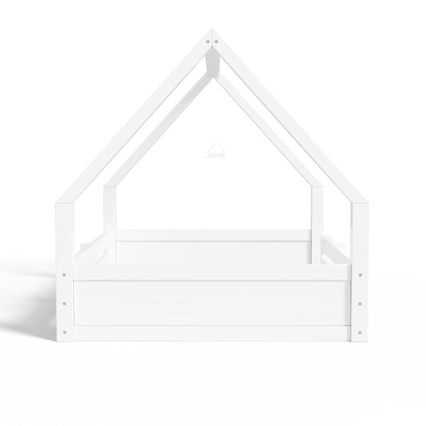 English Elm Twin Size House Bed Wood Floor Frame with Gable Roof Guardrails Grooved Panel White Full N709P430698K