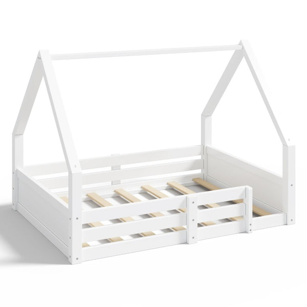 English Elm Twin Size House Bed Wood Floor Frame with Gable Roof Guardrails Grooved Panel White Full N709P430698K