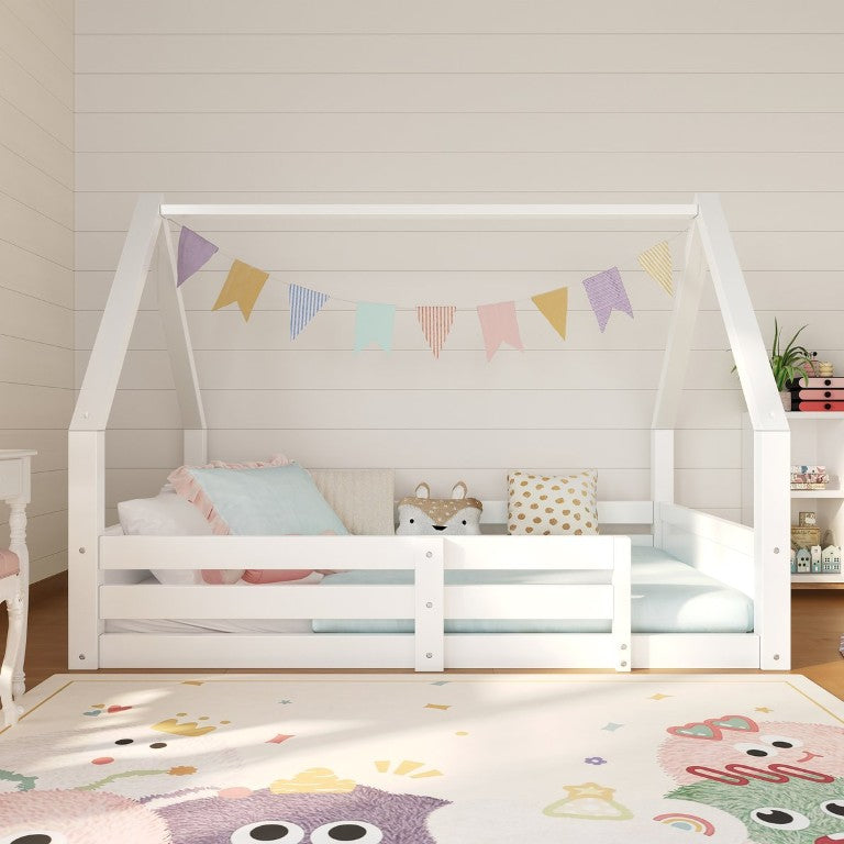 English Elm Twin Size House Bed Wood Floor Frame with Gable Roof Guardrails Grooved Panel White Full N709P430698K