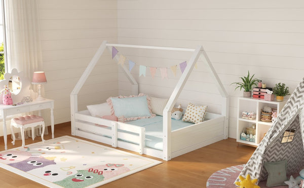 English Elm Twin Size House Bed Wood Floor Frame with Gable Roof Guardrails Grooved Panel White Full N709P430698K