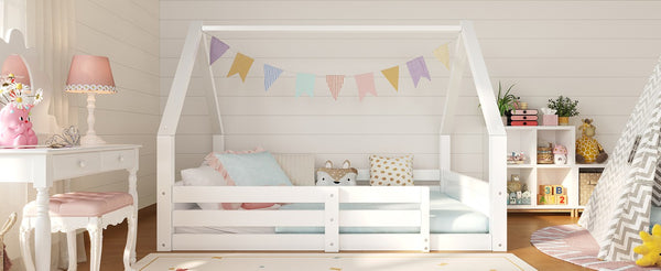 English Elm Twin Size House Bed Wood Floor Frame with Gable Roof Guardrails Grooved Panel White Full N709P430698K