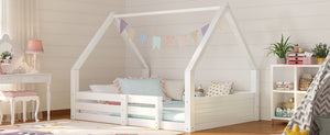 English Elm Twin Size House Bed Wood Floor Frame with Gable Roof Guardrails Grooved Panel White Full N709P430698K