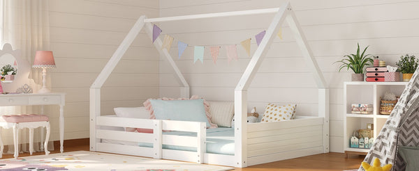English Elm Twin Size House Bed Wood Floor Frame with Gable Roof Guardrails Grooved Panel White Full N709P430698K