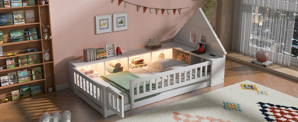 English Elm Twin House Headboard Floor Bed with Storage Shelves LED Lighting and USB Charging Ports White N709P439463K