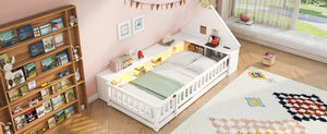 English Elm Twin House Headboard Floor Bed with Storage Shelves LED Lighting and USB Charging Ports White N709P439463K