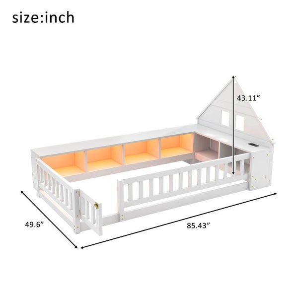English Elm Twin House Headboard Floor Bed with Storage Shelves LED Lighting and USB Charging Ports White N709P439463K