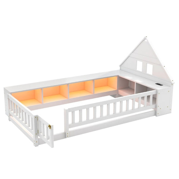 English Elm Twin House Headboard Floor Bed with Storage Shelves LED Lighting and USB Charging Ports White N709P439463K