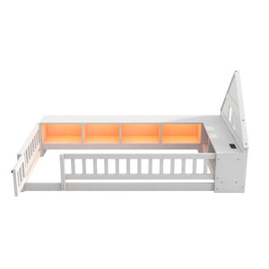 English Elm Twin House Headboard Floor Bed with Storage Shelves LED Lighting and USB Charging Ports White N709P439463K