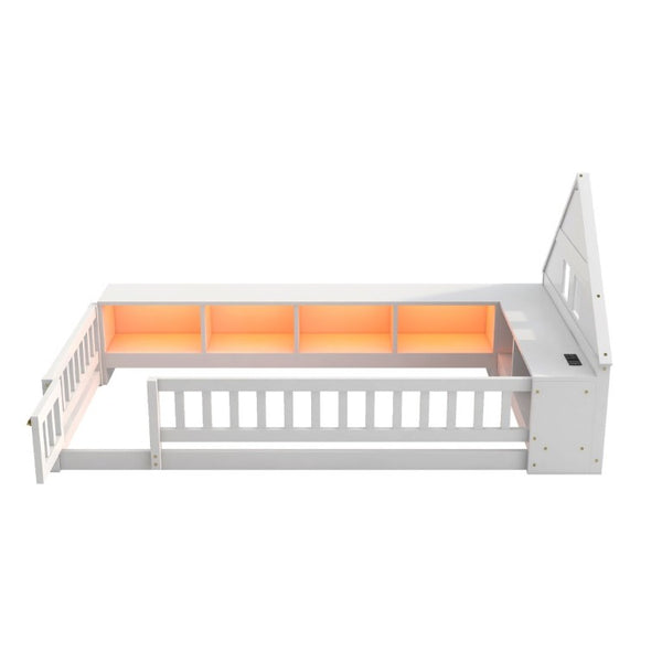 English Elm Twin House Headboard Floor Bed with Storage Shelves LED Lighting and USB Charging Ports White N709P439463K