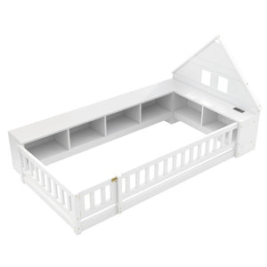 English Elm Twin House Headboard Floor Bed with Storage Shelves LED Lighting and USB Charging Ports White N709P439463K