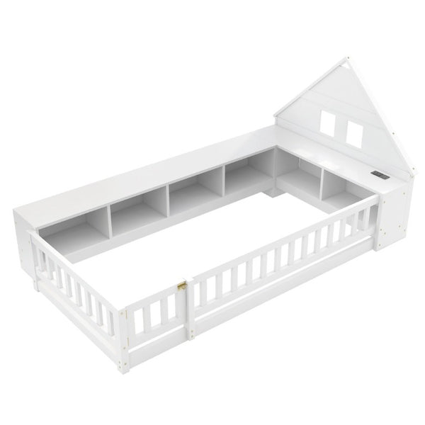 English Elm Twin House Headboard Floor Bed with Storage Shelves LED Lighting and USB Charging Ports White N709P439463K