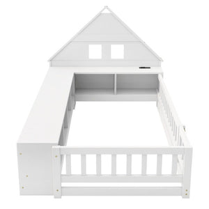 English Elm Twin House Headboard Floor Bed with Storage Shelves LED Lighting and USB Charging Ports White N709P439463K