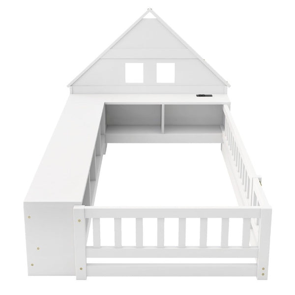 English Elm Twin House Headboard Floor Bed with Storage Shelves LED Lighting and USB Charging Ports White N709P439463K