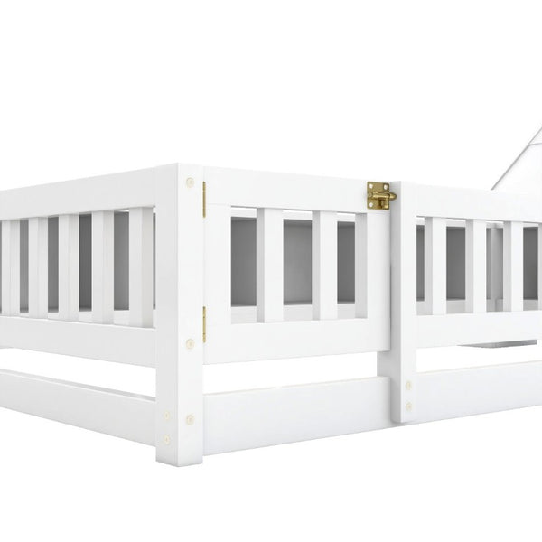 English Elm Twin House Headboard Floor Bed with Storage Shelves LED Lighting and USB Charging Ports White N709P439463K