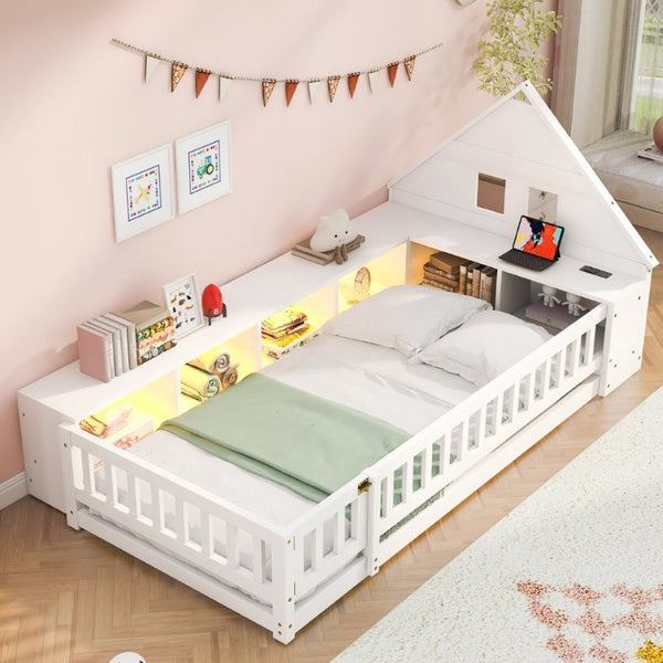 English Elm Twin House Headboard Floor Bed with Storage Shelves LED Lighting and USB Charging Ports White N709P439463K