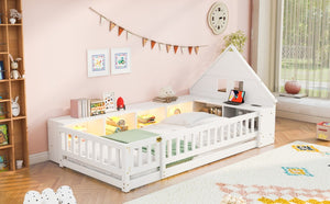 English Elm Twin House Headboard Floor Bed with Storage Shelves LED Lighting and USB Charging Ports White N709P439463K