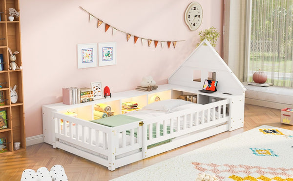 English Elm Twin House Headboard Floor Bed with Storage Shelves LED Lighting and USB Charging Ports White N709P439463K