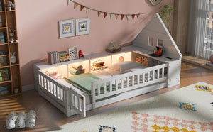 English Elm Twin House Headboard Floor Bed with Storage Shelves LED Lighting and USB Charging Ports White N709P439463K