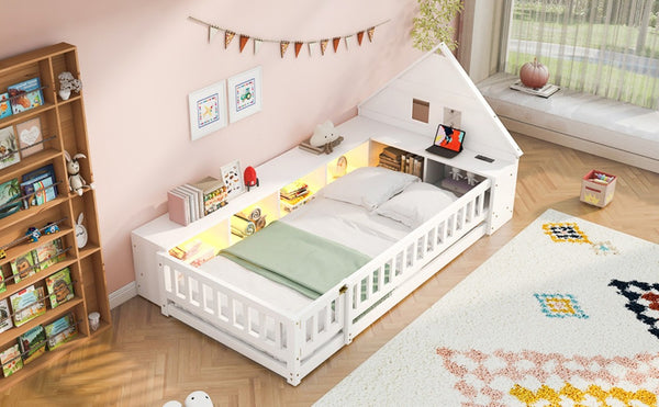 English Elm Twin House Headboard Floor Bed with Storage Shelves LED Lighting and USB Charging Ports White N709P439463K
