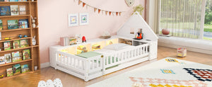 English Elm Twin House Headboard Floor Bed with Storage Shelves LED Lighting and USB Charging Ports White N709P439463K