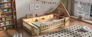English Elm Twin House Headboard Floor Bed with Storage Shelves LED Lighting and USB Charging Ports Natural N709P439463N