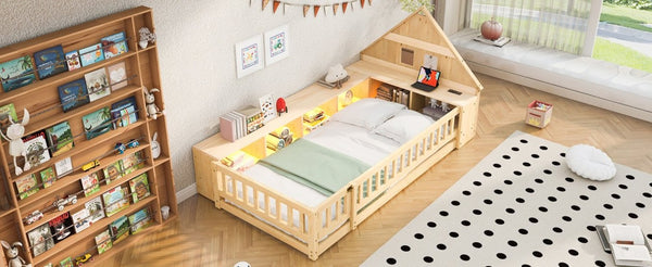 English Elm Twin House Headboard Floor Bed with Storage Shelves LED Lighting and USB Charging Ports Natural N709P439463N