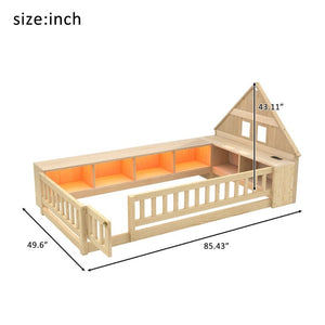 English Elm Twin House Headboard Floor Bed with Storage Shelves LED Lighting and USB Charging Ports Natural N709P439463N
