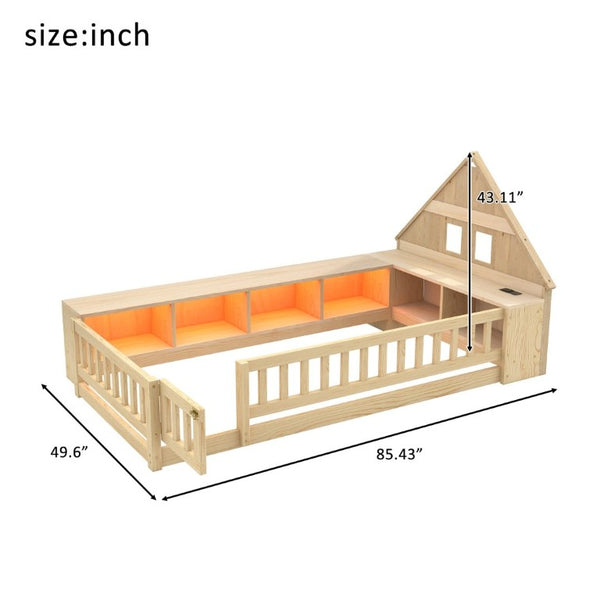 English Elm Twin House Headboard Floor Bed with Storage Shelves LED Lighting and USB Charging Ports Natural N709P439463N