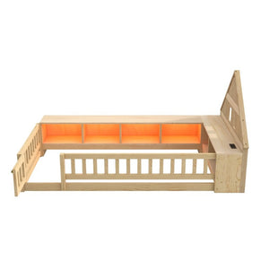 English Elm Twin House Headboard Floor Bed with Storage Shelves LED Lighting and USB Charging Ports Natural N709P439463N
