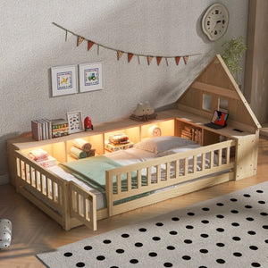 English Elm Twin House Headboard Floor Bed with Storage Shelves LED Lighting and USB Charging Ports Natural N709P439463N