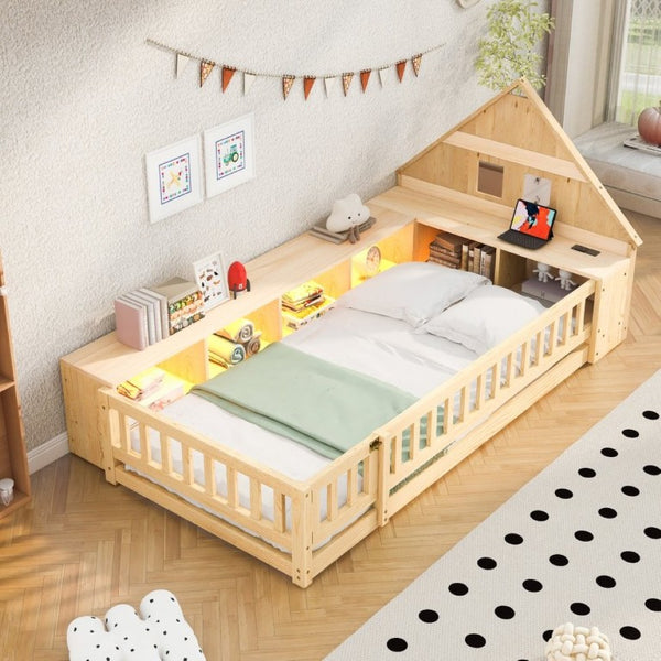 English Elm Twin House Headboard Floor Bed with Storage Shelves LED Lighting and USB Charging Ports Natural N709P439463N