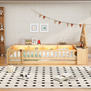 English Elm Twin House Headboard Floor Bed with Storage Shelves LED Lighting and USB Charging Ports Natural N709P439463N